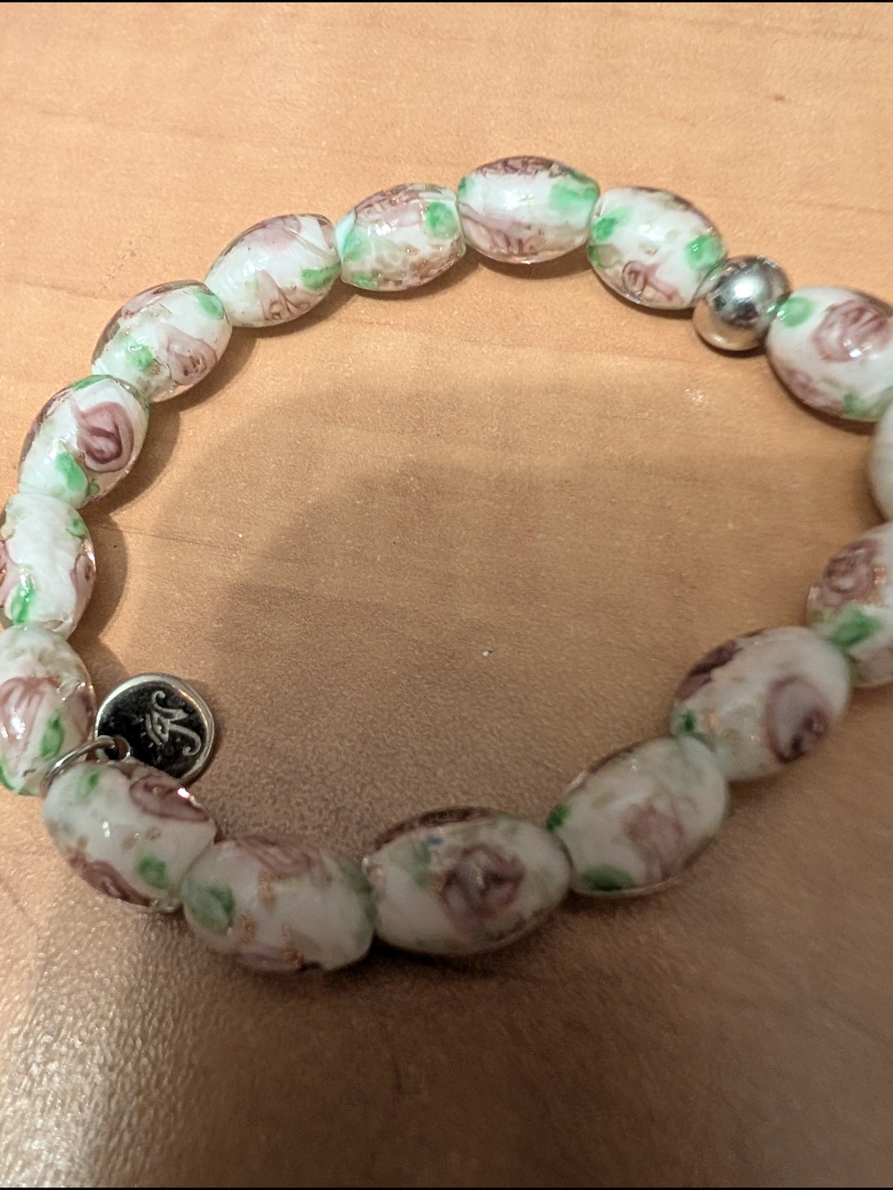 Floral White and Pink Beaded Stretch Bracelet with Green Accents